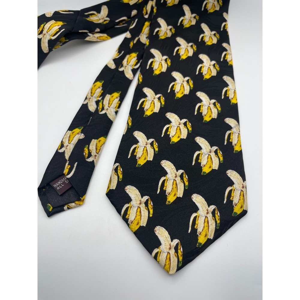 Museum Artifacts Mens Silk Tie Black Yellow Banana Fruit Print Novelty Art Tie